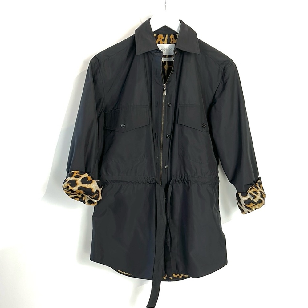 Yves Saint Laurent Black Leopard-Trim Zip Shirt Jacket